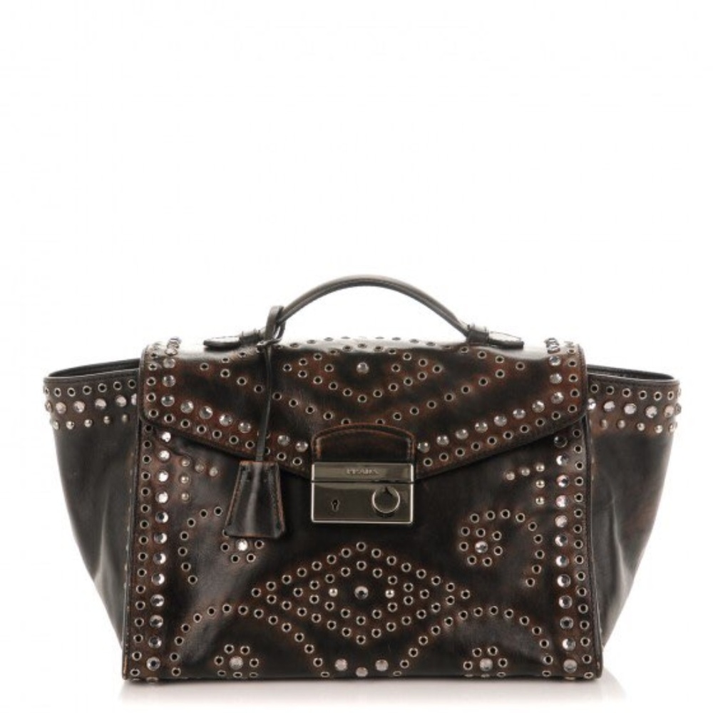 PRADA Studded Brown Vitello Vintage Shoulder Bag